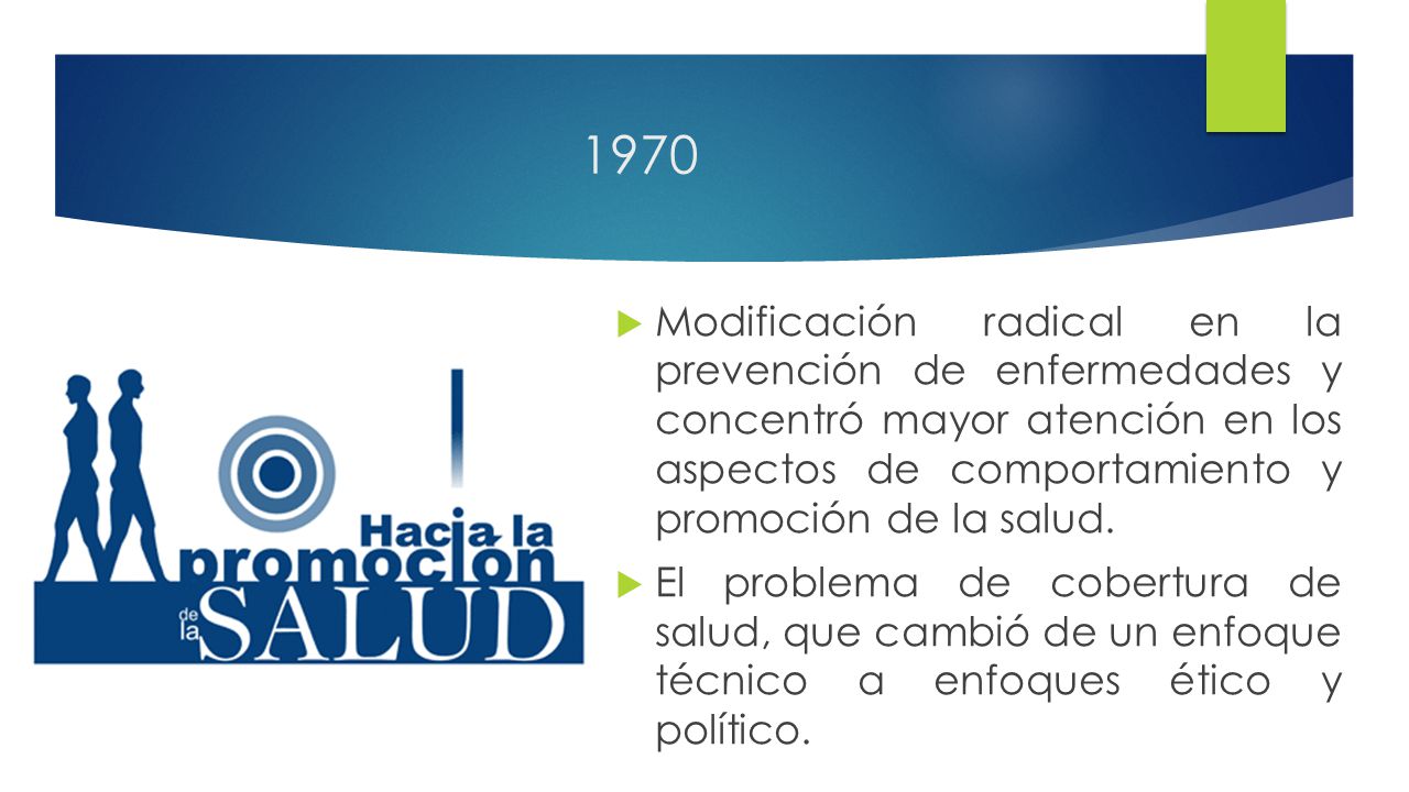 1970 Modificación radical en la prevención de enfermedades y concentró mayor atención en los aspectos de comportamiento y promoción de la salud.
