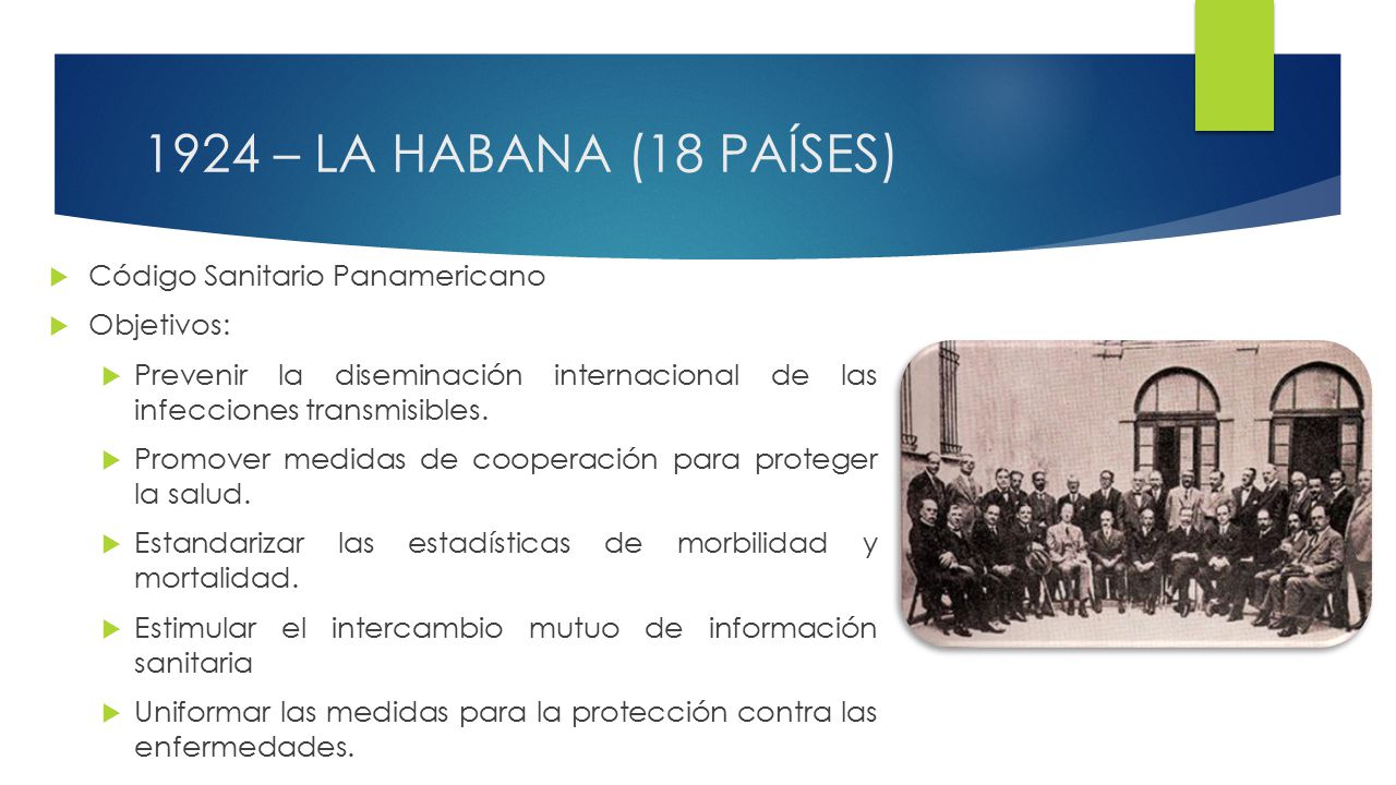 1924 – LA HABANA (18 PAÍSES) Código Sanitario Panamericano Objetivos:
