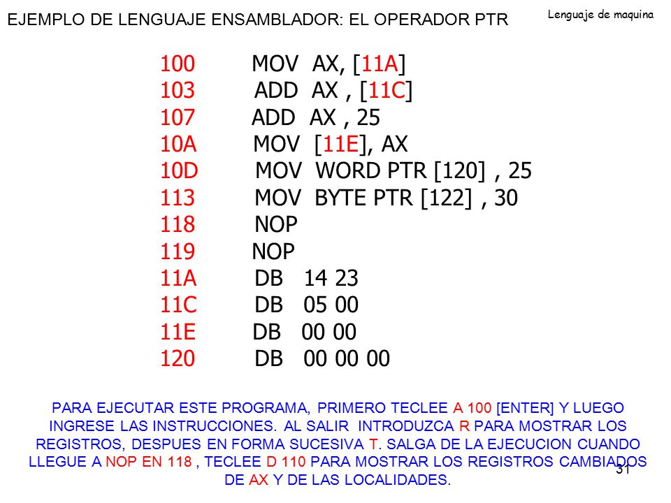 100 MOV AX, [11A] 103 ADD AX , [11C] 107 ADD AX , 25 10A MOV [11E], AX