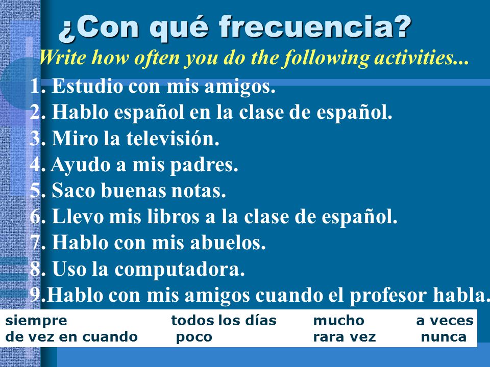 ¿Con qué frecuencia Write how often you do the following activities Estudio con mis amigos.