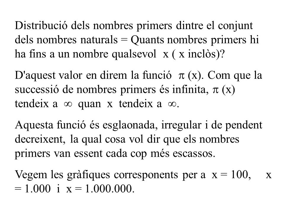 Distribució dels nombres primers dintre el conjunt dels nombres naturals = Quants nombres primers hi ha fins a un nombre qualsevol x ( x inclòs)