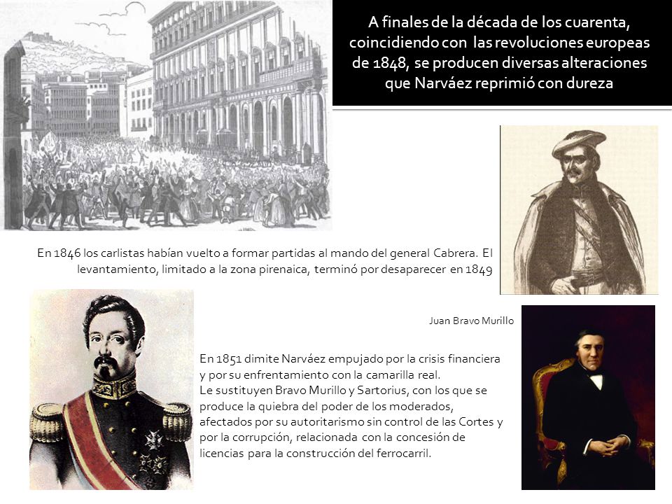A finales de la década de los cuarenta, coincidiendo con las revoluciones europeas de 1848, se producen diversas alteraciones que Narváez reprimió con dureza