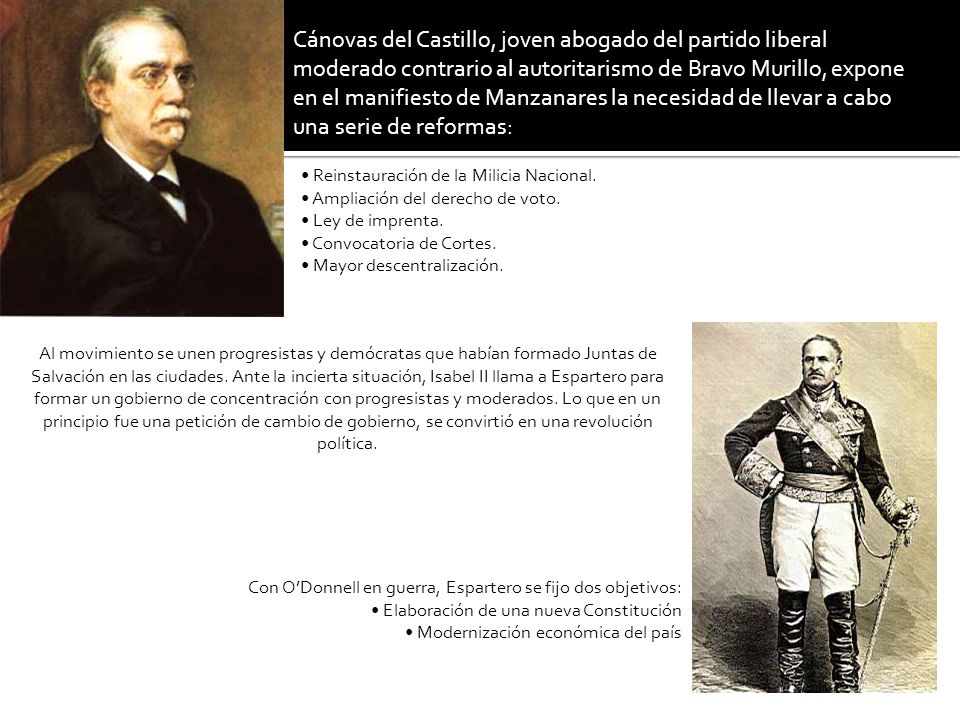 Cánovas del Castillo, joven abogado del partido liberal moderado contrario al autoritarismo de Bravo Murillo, expone en el manifiesto de Manzanares la necesidad de llevar a cabo una serie de reformas: