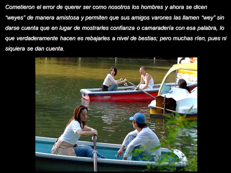 Cometieron el error de querer ser como nosotros los hombres y ahora se dicen weyes de manera amistosa y permiten que sus amigos varones las llamen wey sin darse cuenta que en lugar de mostrarles confianza o camaradería con esa palabra, lo que verdaderamente hacen es rebajarles a nivel de bestias; pero muchas ríen, pues ni siquiera se dan cuenta.