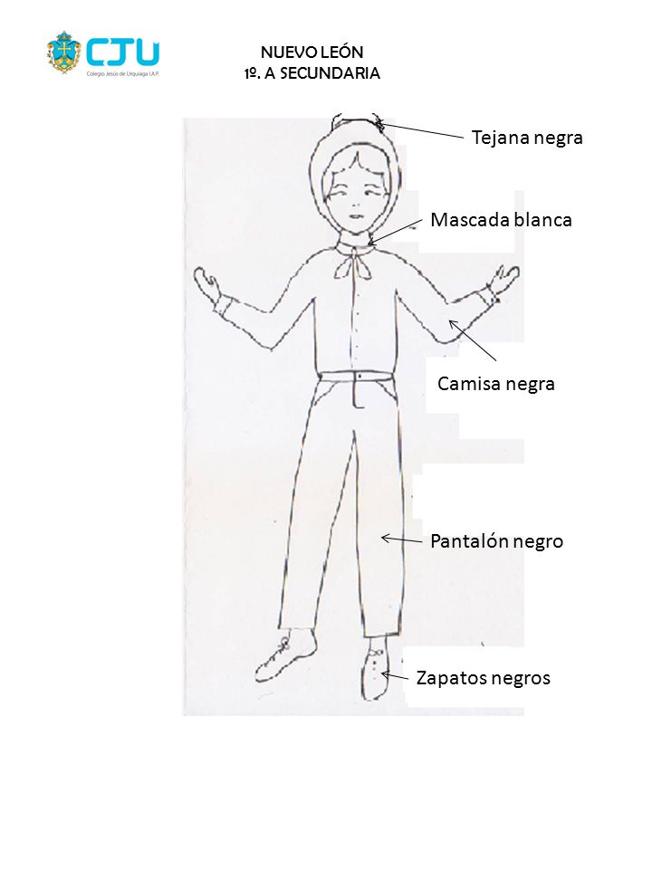 Tejana negra Mascada blanca Camisa negra Pantalón negro Zapatos negros