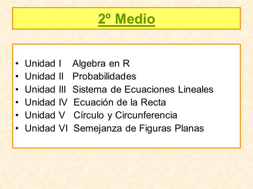 2º Medio Unidad I Algebra en R Unidad II Probabilidades
