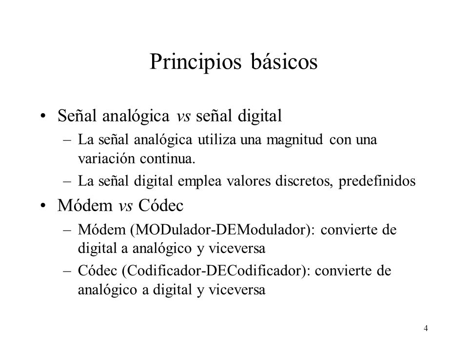 Principios básicos Señal analógica vs señal digital Módem vs Códec