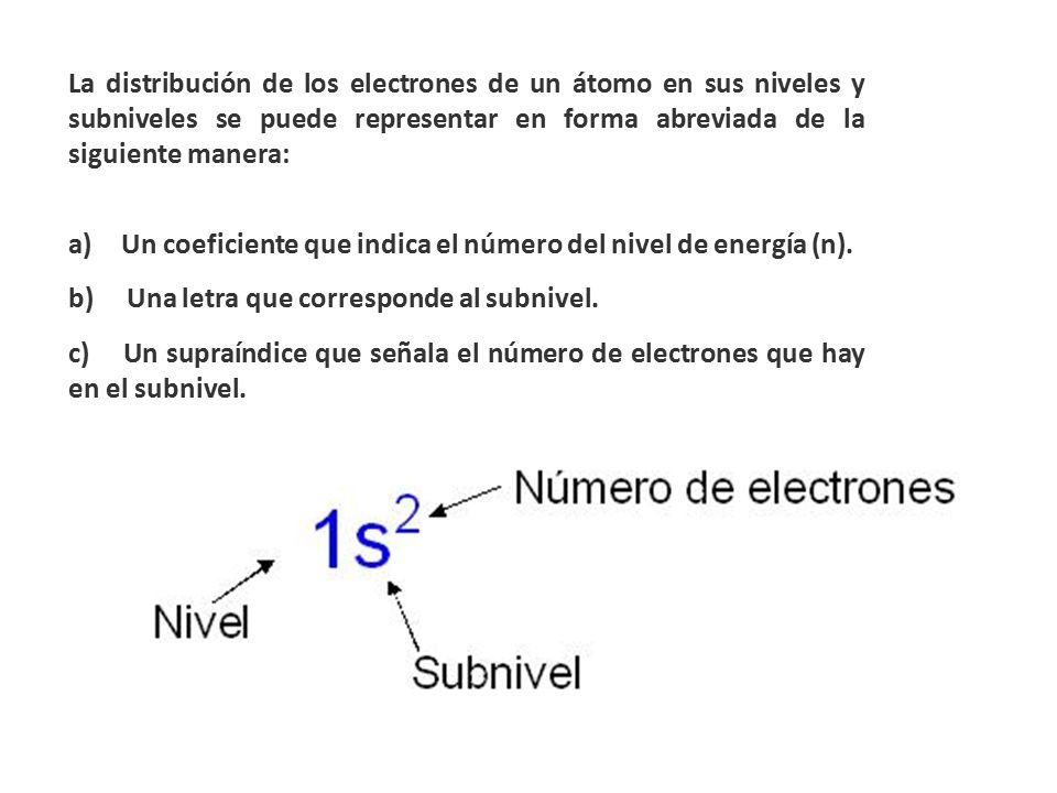 La distribución de los electrones de un átomo en sus niveles y subniveles se puede representar en forma abreviada de la siguiente manera: