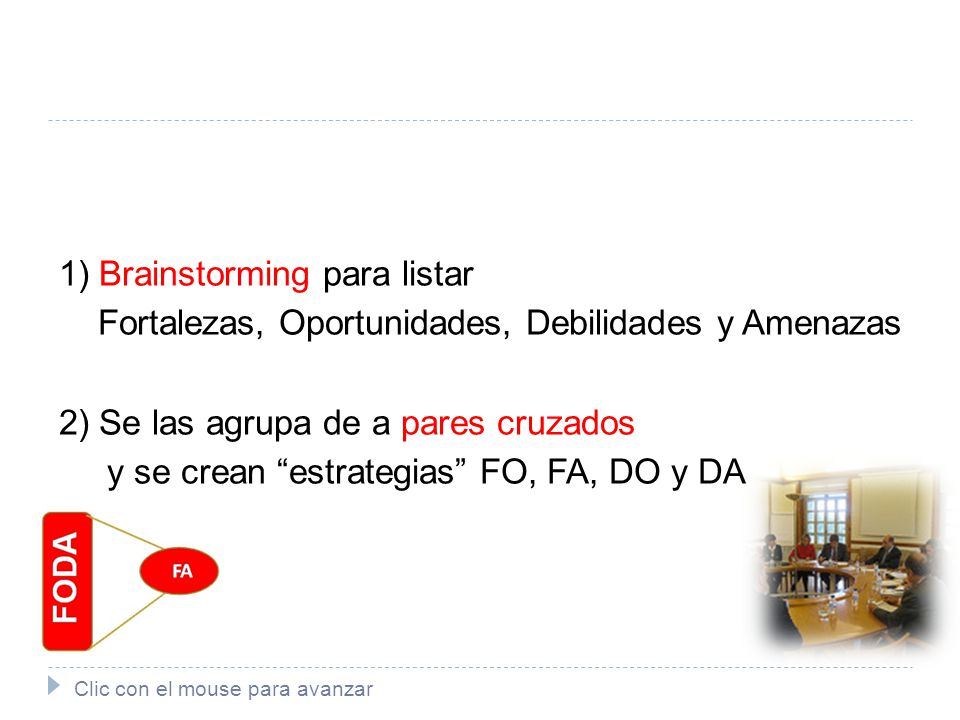 1) Brainstorming para listar Fortalezas, Oportunidades, Debilidades y Amenazas 2) Se las agrupa de a pares cruzados y se crean estrategias FO, FA, DO y DA