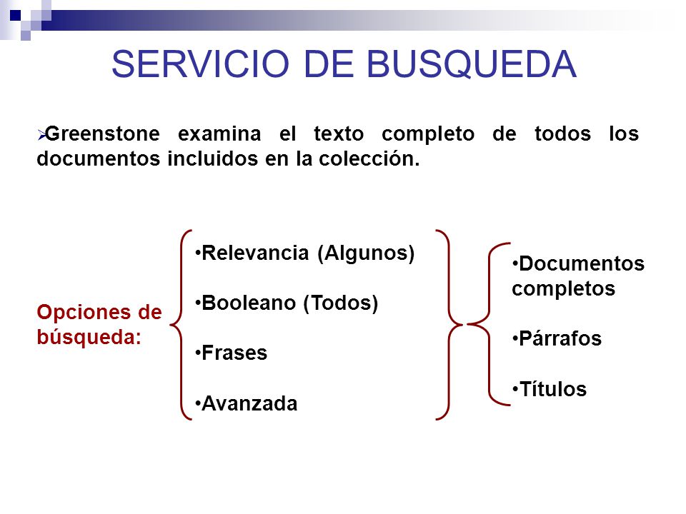 SERVICIO DE BUSQUEDA Greenstone examina el texto completo de todos los documentos incluidos en la colección.