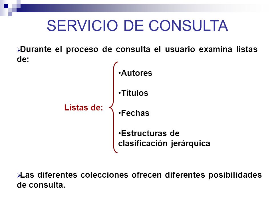 SERVICIO DE CONSULTA Durante el proceso de consulta el usuario examina listas de: Listas de: Autores.