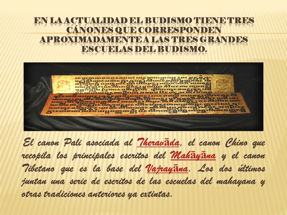 En la actualidad el budismo tiene tres cánones que corresponden aproximadamente a las tres grandes escuelas del budismo.