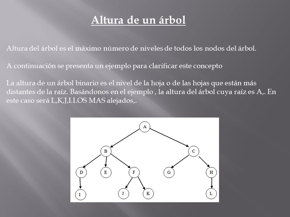 Altura de un árbol Altura del árbol es el máximo número de niveles de todos los nodos del árbol.