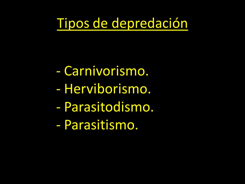 Tipos de depredación Carnivorismo. Herviborismo. Parasitodismo. Parasitismo.