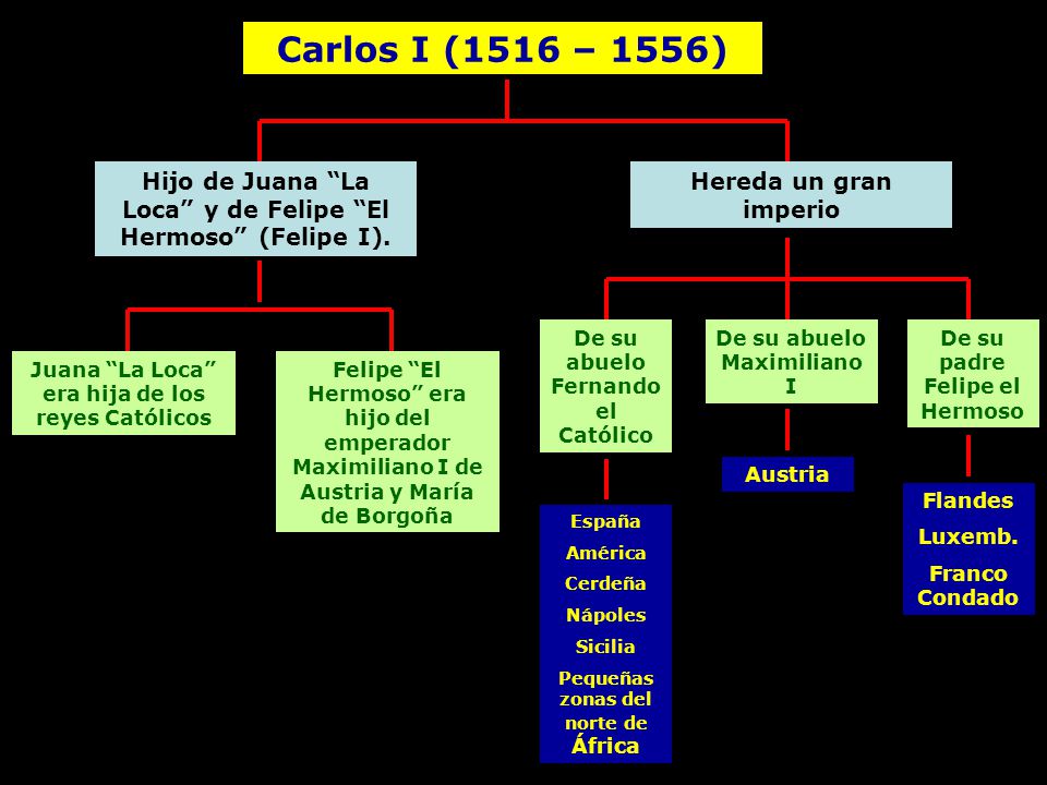 Carlos I (1516 – 1556) Hijo de Juana La Loca y de Felipe El Hermoso (Felipe I). Hereda un gran imperio.