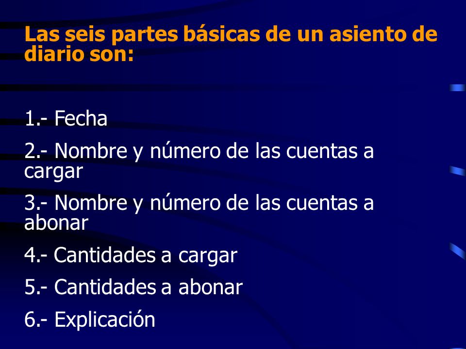 Las seis partes básicas de un asiento de diario son: