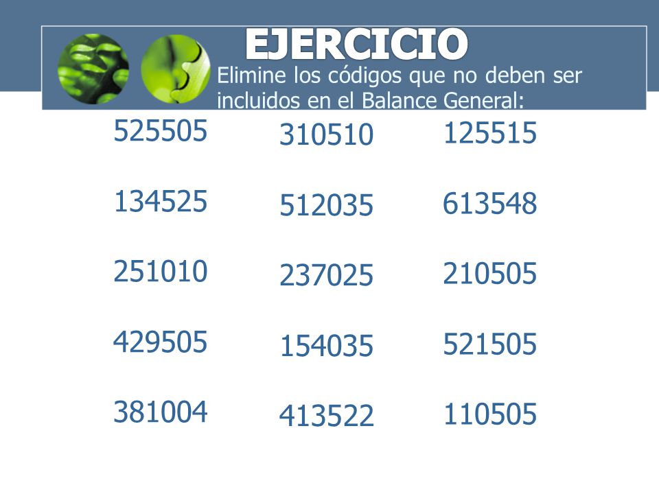 EJERCICIO Elimine los códigos que no deben ser incluidos en el Balance General: