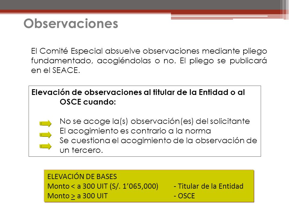 Observaciones El Comité Especial absuelve observaciones mediante pliego fundamentado, acogiéndolas o no. El pliego se publicará en el SEACE.