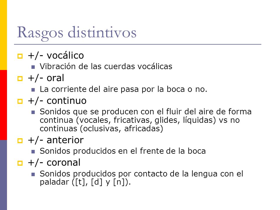 Rasgos distintivos +/- vocálico +/- oral +/- continuo +/- anterior