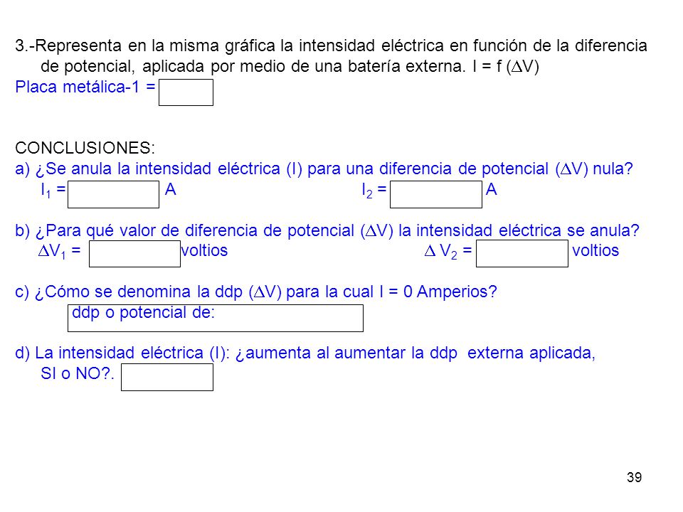 3.-Representa en la misma gráfica la intensidad eléctrica en función de la diferencia de potencial, aplicada por medio de una batería externa. I = f (DV)