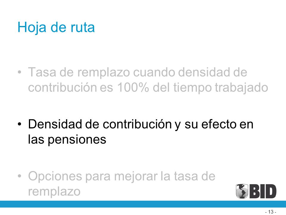 Hoja de ruta Tasa de remplazo cuando densidad de contribución es 100% del tiempo trabajado. Densidad de contribución y su efecto en las pensiones.