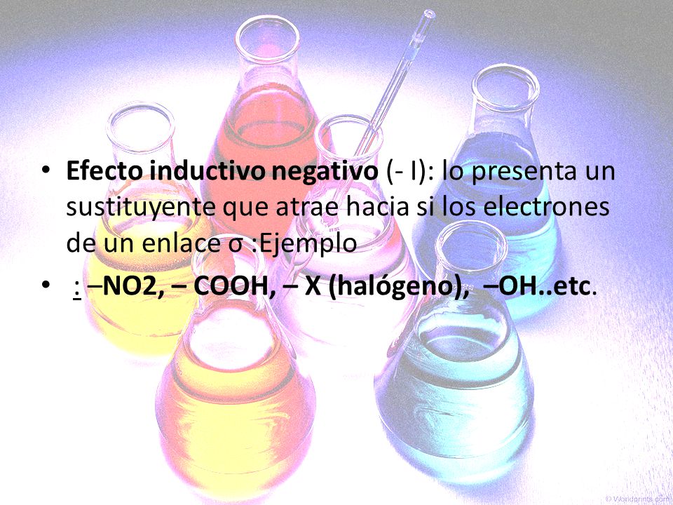 Efecto inductivo negativo (- I): lo presenta un sustituyente que atrae hacia si los electrones de un enlace σ :Ejemplo
