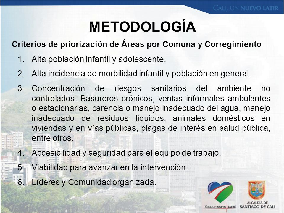 METODOLOGÍA Criterios de priorización de Áreas por Comuna y Corregimiento. Alta población infantil y adolescente.