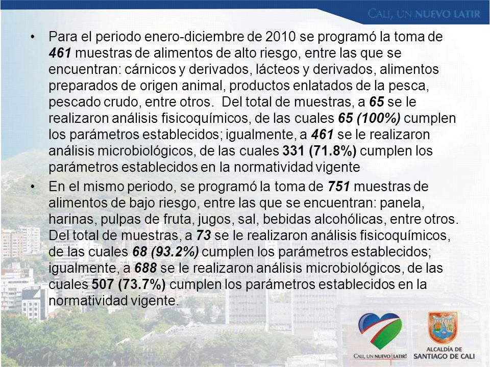 Para el periodo enero-diciembre de 2010 se programó la toma de 461 muestras de alimentos de alto riesgo, entre las que se encuentran: cárnicos y derivados, lácteos y derivados, alimentos preparados de origen animal, productos enlatados de la pesca, pescado crudo, entre otros. Del total de muestras, a 65 se le realizaron análisis fisicoquímicos, de las cuales 65 (100%) cumplen los parámetros establecidos; igualmente, a 461 se le realizaron análisis microbiológicos, de las cuales 331 (71.8%) cumplen los parámetros establecidos en la normatividad vigente