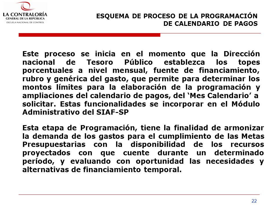 ESQUEMA DE PROCESO DE LA PROGRAMACIÓN DE CALENDARIO DE PAGOS