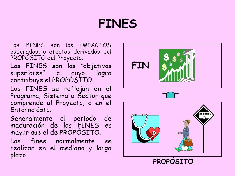 FINES Los FINES son los IMPACTOS esperados, o efectos derivados del PROPÓSITO del Proyecto.