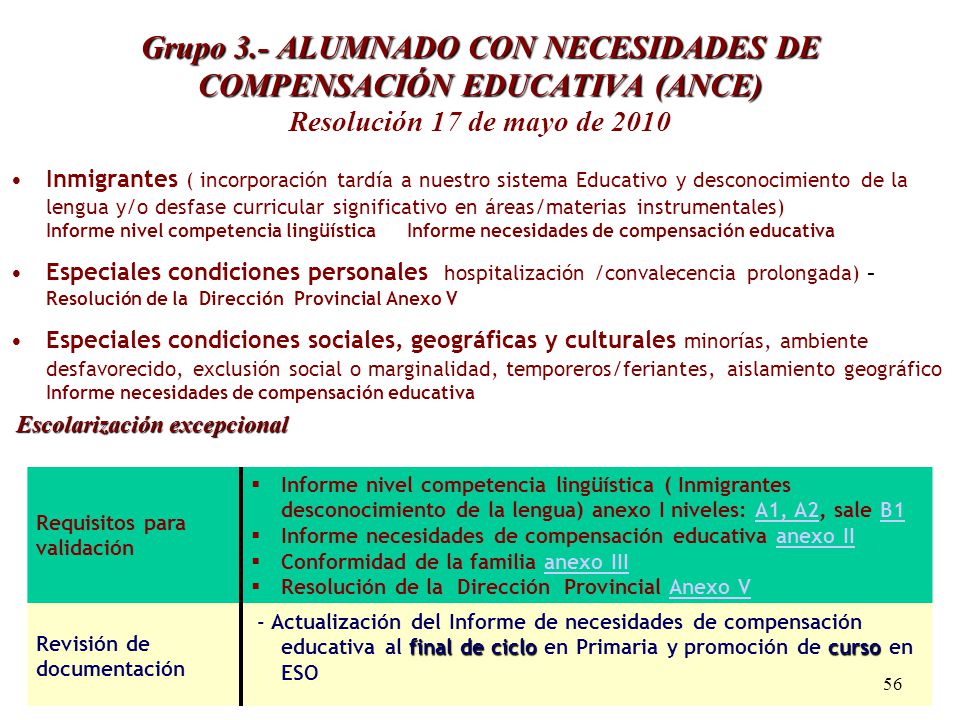 Grupo 3.- ALUMNADO CON NECESIDADES DE COMPENSACIÓN EDUCATIVA (ANCE) Resolución 17 de mayo de 2010