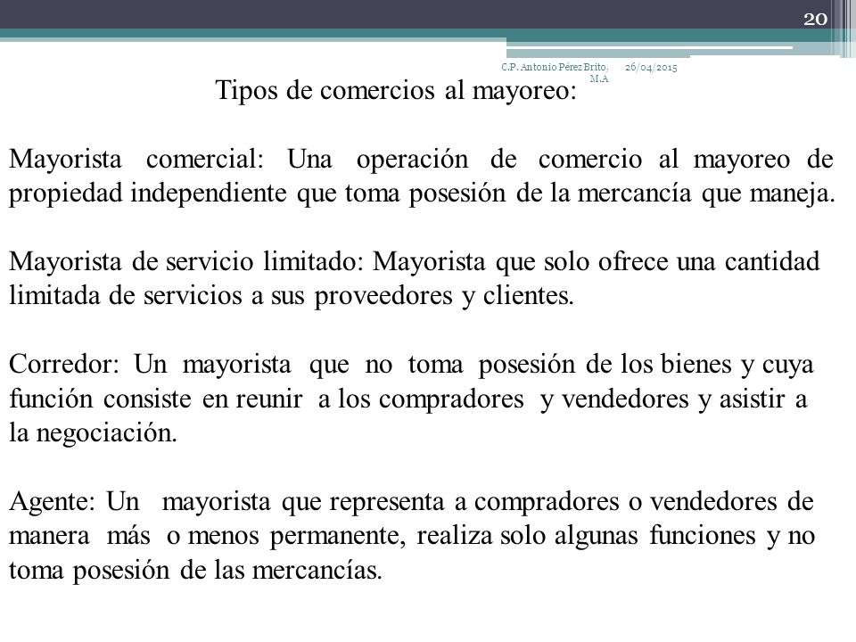 Tipos de comercios al mayoreo: