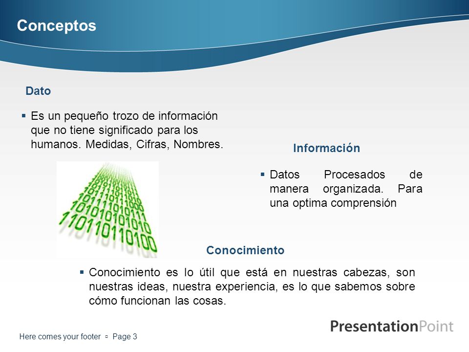 Conceptos Dato. Es un pequeño trozo de información que no tiene significado para los humanos. Medidas, Cifras, Nombres.