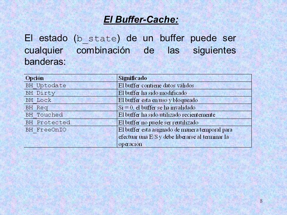 El Buffer-Cache: El estado (b_state) de un buffer puede ser cualquier combinación de las siguientes banderas: