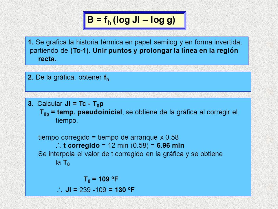 B = fh (log JI – log g) 1. Se grafica la historia térmica en papel semilog y en forma invertida,