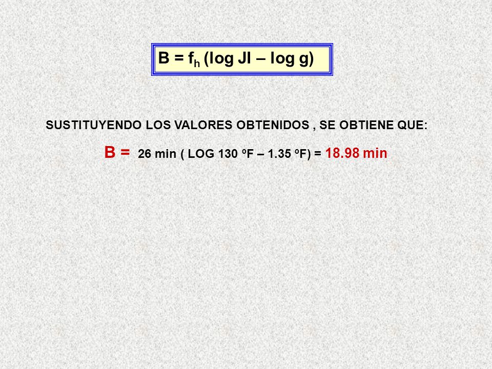 B = fh (log JI – log g) B = 26 min ( LOG 130 ºF – 1.35 ºF) = min