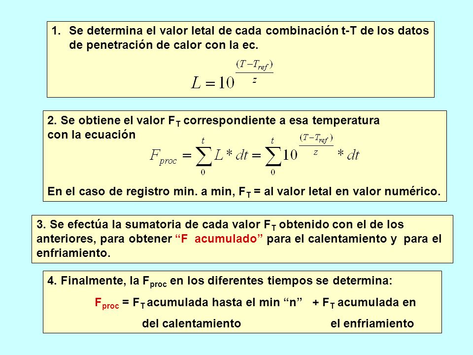 Se determina el valor letal de cada combinación t-T de los datos de penetración de calor con la ec.