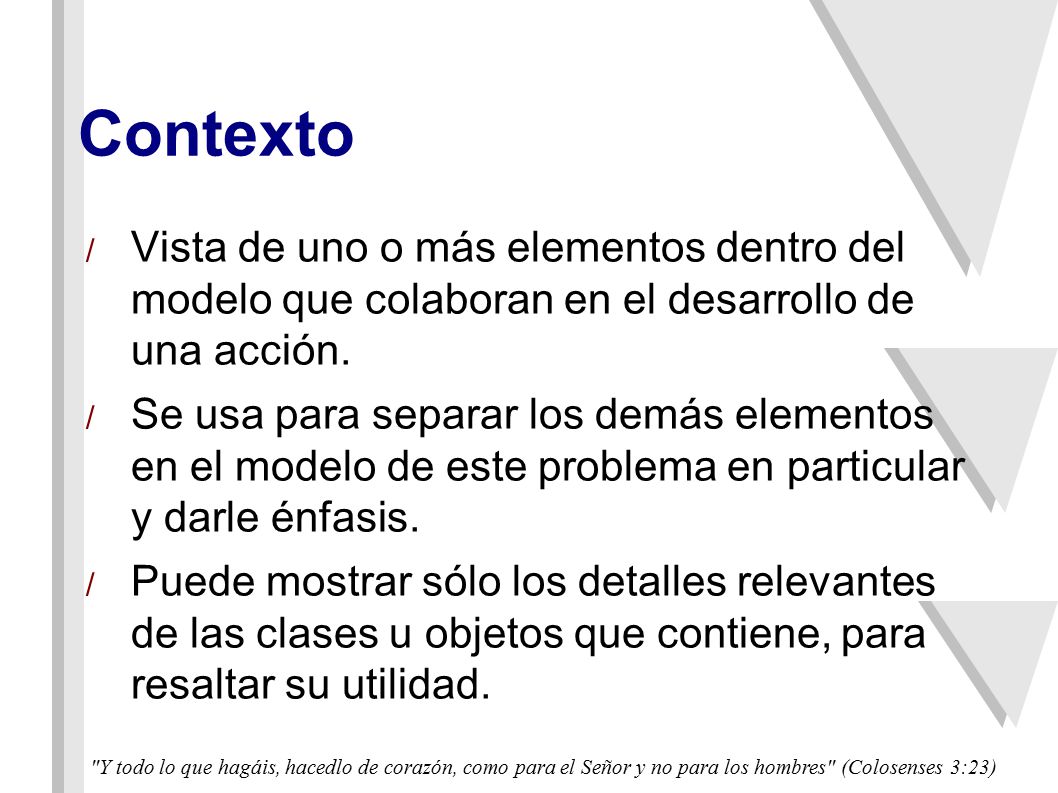 Contexto Vista de uno o más elementos dentro del modelo que colaboran en el desarrollo de una acción.