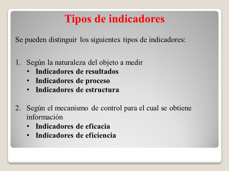 Tipos de indicadores Se pueden distinguir los siguientes tipos de indicadores: Según la naturaleza del objeto a medir.