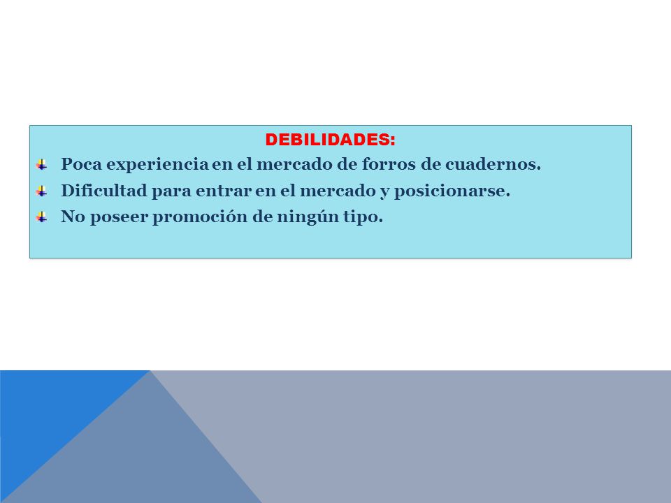 DEBILIDADES: Poca experiencia en el mercado de forros de cuadernos. Dificultad para entrar en el mercado y posicionarse.
