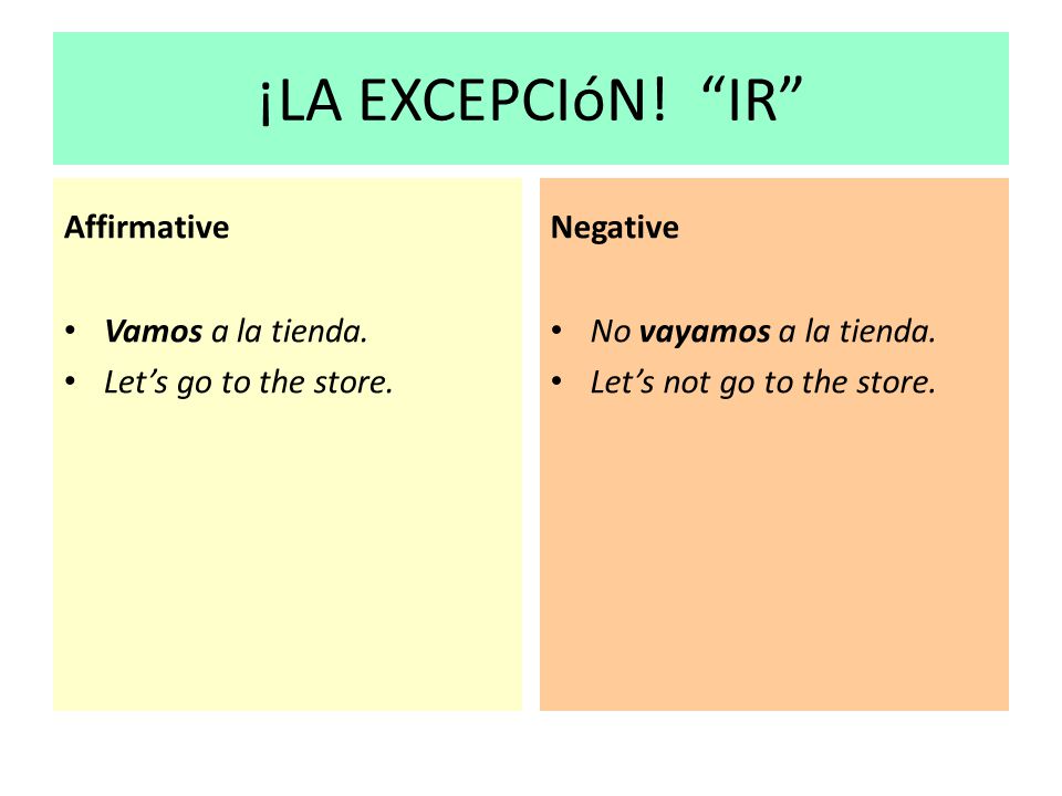 ¡LA EXCEPCIóN! IR Affirmative Negative Vamos a la tienda.