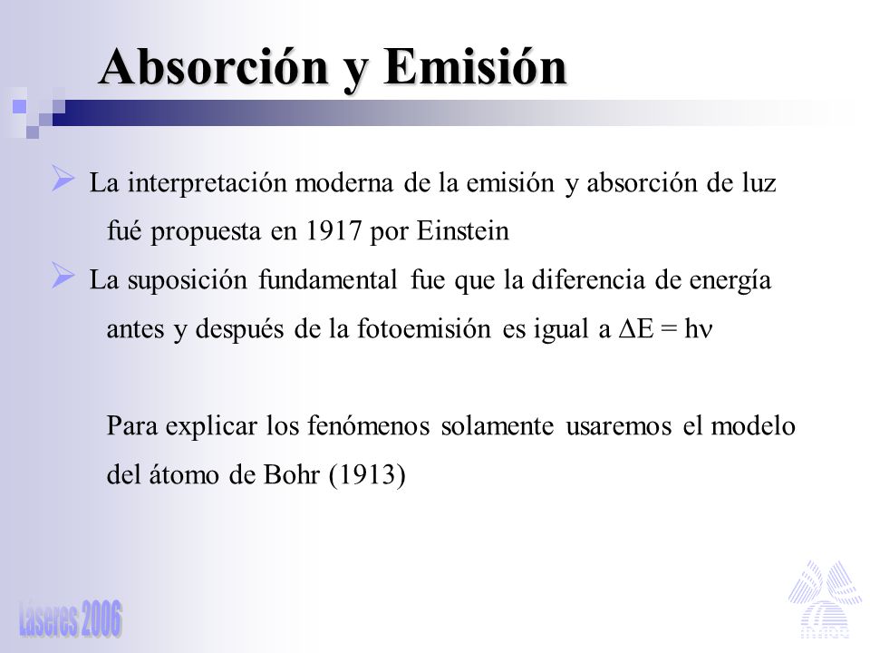 Absorción y Emisión La interpretación moderna de la emisión y absorción de luz. fué propuesta en 1917 por Einstein.