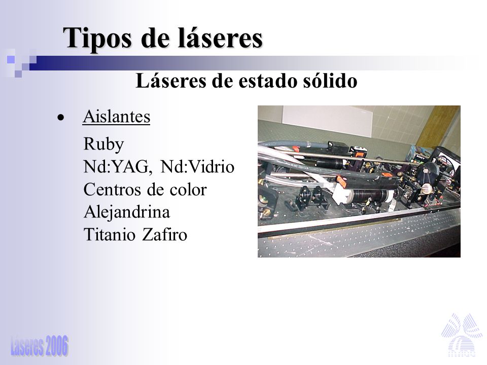 Tipos de láseres Láseres de estado sólido Aislantes Ruby