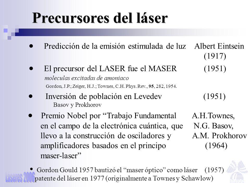Precursores del láser Predicción de la emisión estimulada de luz Albert Eintsein. (1917)