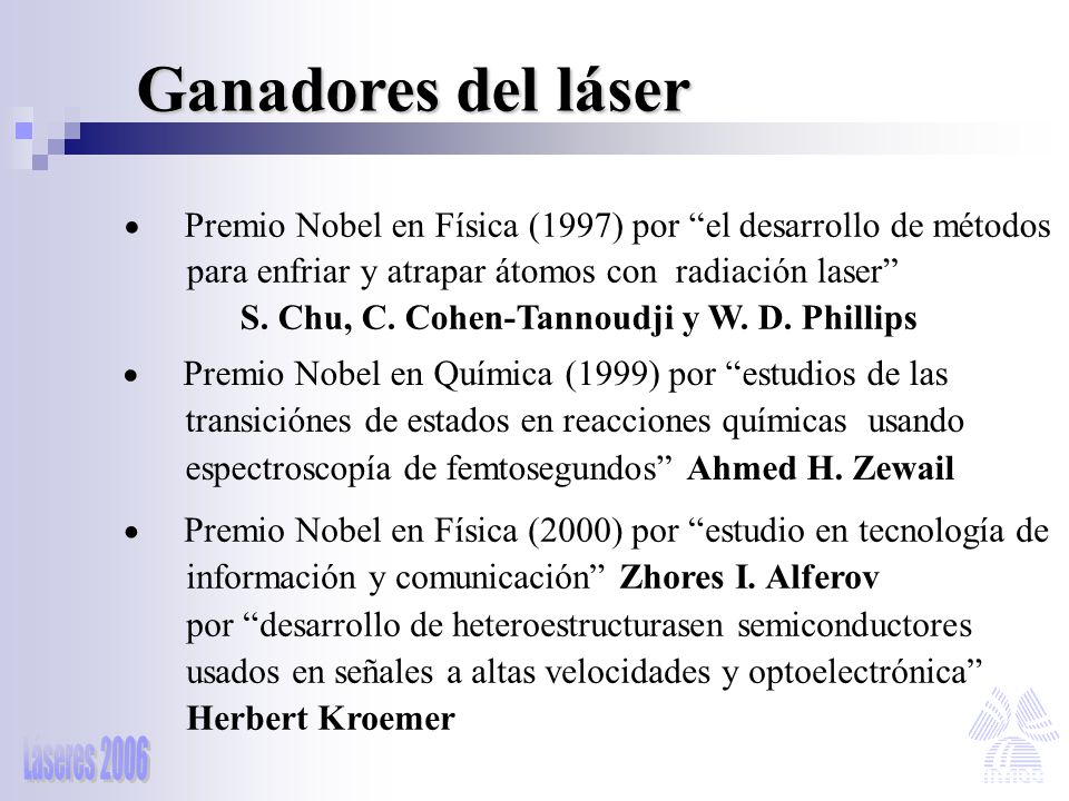 Ganadores del láser Premio Nobel en Física (1997) por el desarrollo de métodos. para enfriar y atrapar átomos con radiación laser