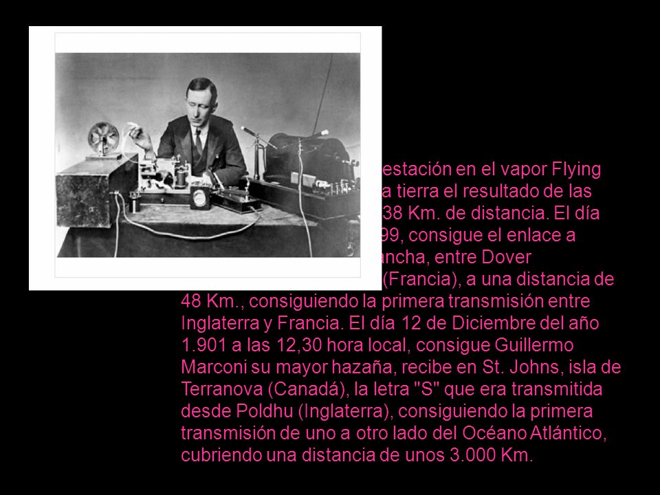 El año instala una estación en el vapor Flying Huntress para transmitir a tierra el resultado de las regatas de Kingstown, a 38 Km.