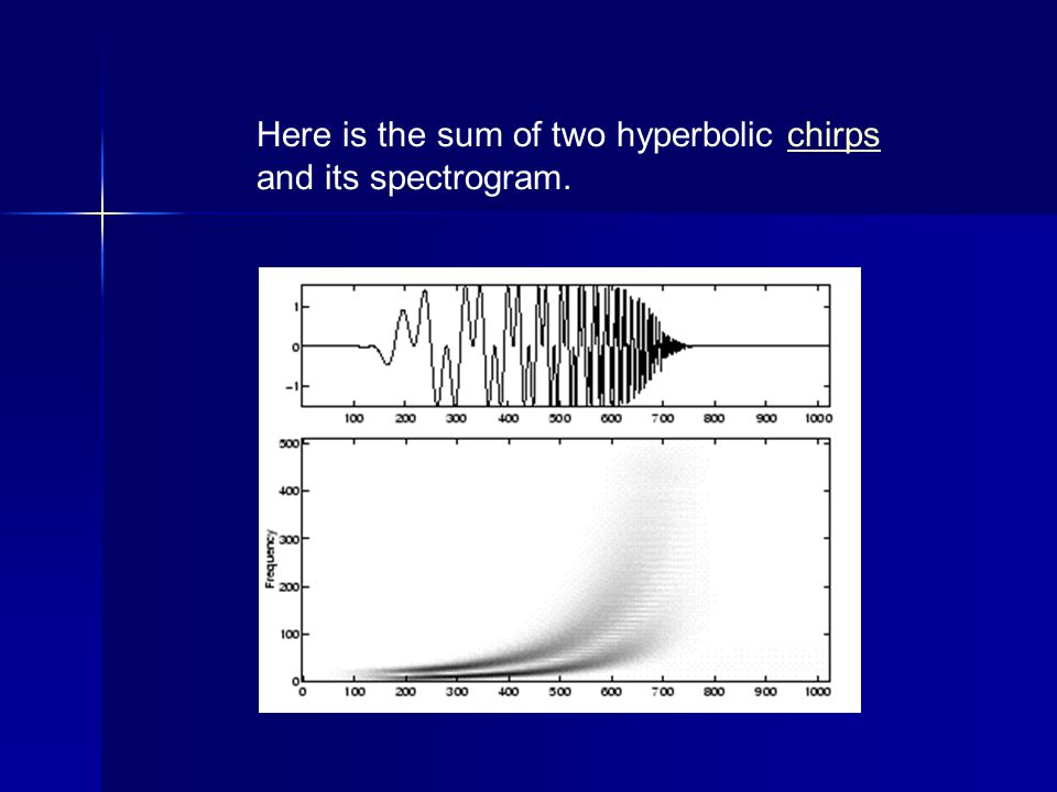 Here is the sum of two hyperbolic chirps and its spectrogram.