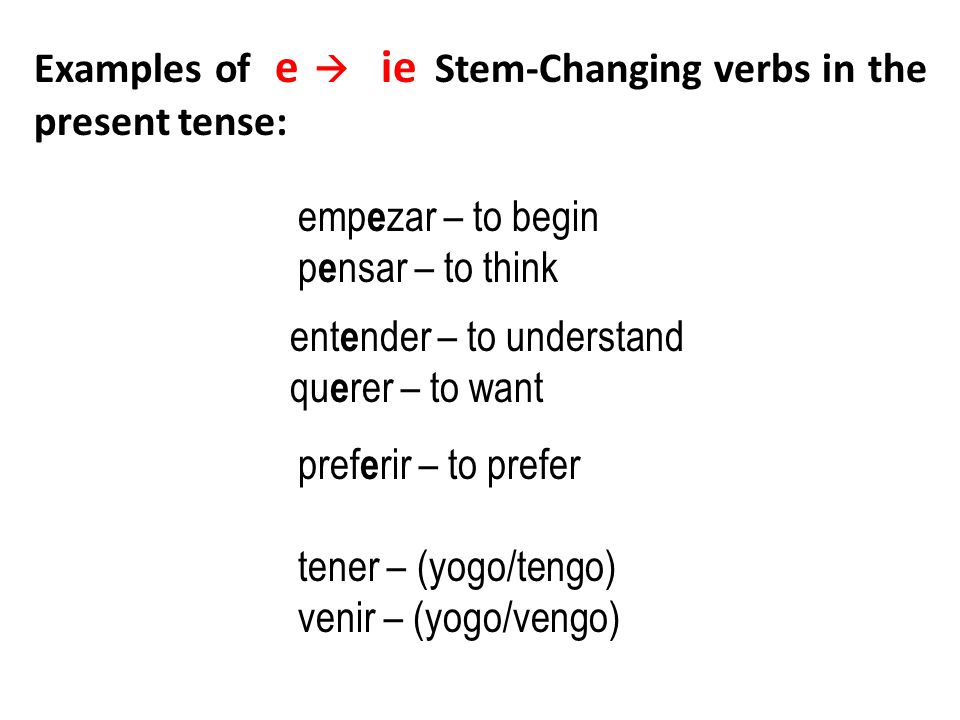 Examples of e  ie Stem-Changing verbs in the present tense: