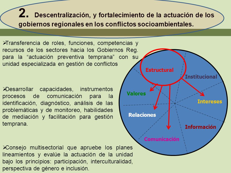2. Descentralización, y fortalecimiento de la actuación de los gobiernos regionales en los conflictos socioambientales.