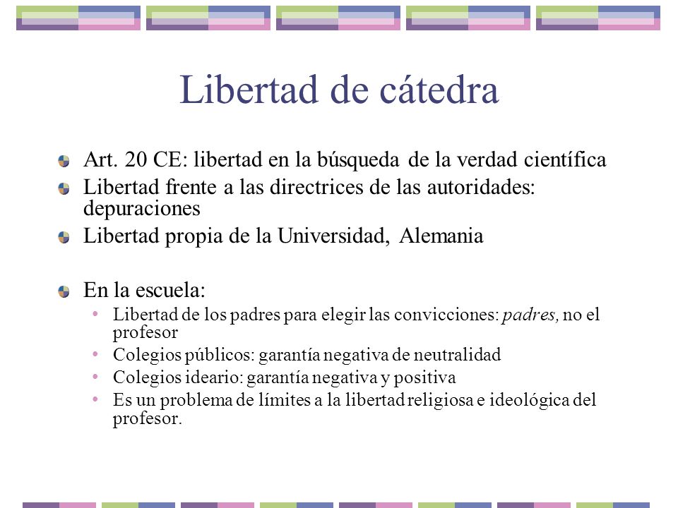 Libertad de cátedra Art. 20 CE: libertad en la búsqueda de la verdad científica. Libertad frente a las directrices de las autoridades: depuraciones.